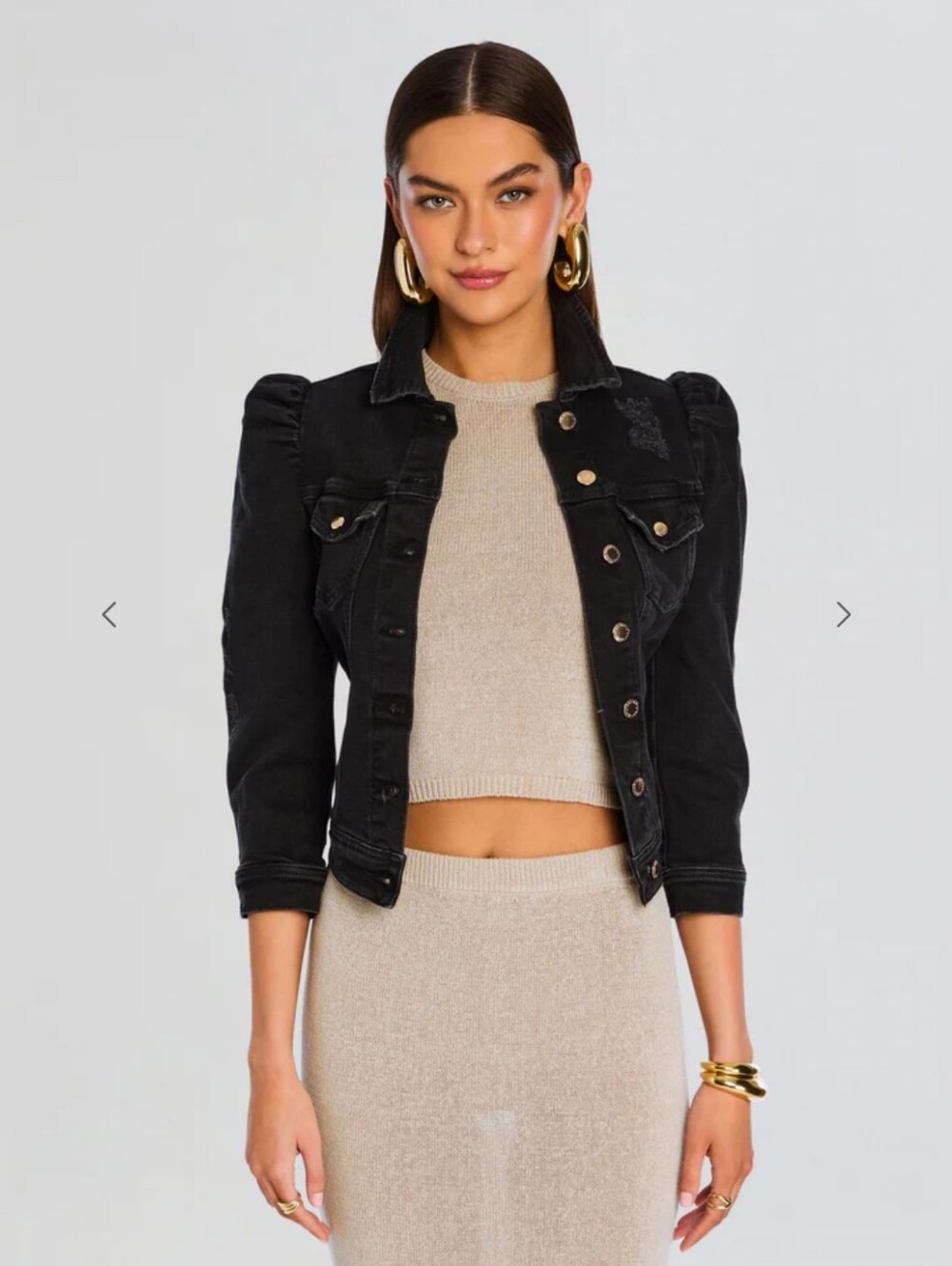 Retrofete Black Puff-Shoulder Cropped Distressed Denim Jacket Size XS